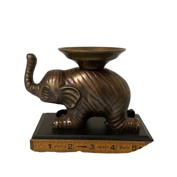 Bronze Painted Elephant Candle Holder Statue On Wooden Base Accent Piece - Picture 8 of 8